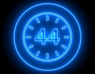 Glowing neon blue clock face displaying 44