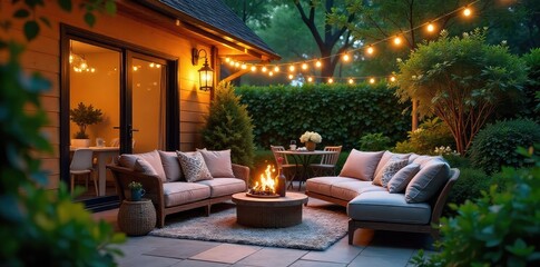 A cozy family patio scene, perfect for summer evenings String lights illuminate comfortable seating and lush greenery, creating a relaxing outdoor oasis , string lights, landscape