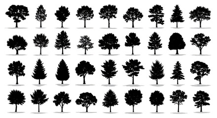 Black silhouettes of various tree species arranged in a grid pattern, showcasing diverse foliage shapes.