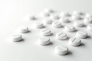White round tablets scattered on clean white background, pharmaceutical medicine concept for healthcare and treatment