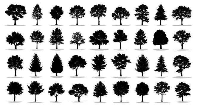 Black silhouettes of various tree species arranged in a grid pattern, showcasing diverse foliage shapes.