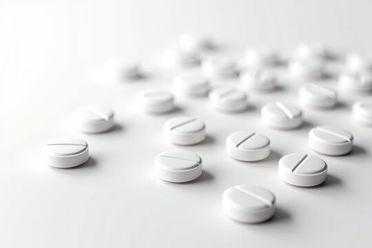 White round tablets scattered on clean white background, pharmaceutical medicine concept for healthcare and treatment