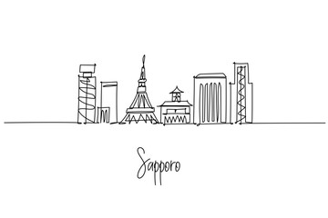 Sapporo city skyline in Hokkaido as a one line drawing, showing TV Tower, clock building, and modern blocks, a clean cityscape concept inspired by winter culture, snow fest, travel, and city life.