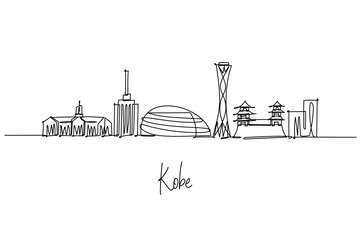 Kobe city skyline in Hyogo as a continuous line drawing, with Port Tower, Harborland dome, and Meriken Park, a sleek cityscape concept reflecting bay culture, maritime vibes, travel, and city life.