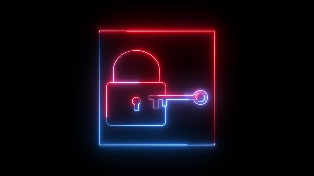 Lock with key icon animation glowing neon red and blue color security unlock encryption protection privacy open sign symbol on black background