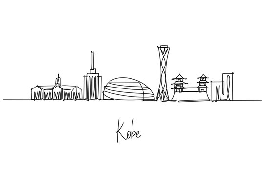 Kobe city skyline in Hyogo as a continuous line drawing, with Port Tower, Harborland dome, and Meriken Park, a sleek cityscape concept reflecting bay culture, maritime vibes, travel, and city life.