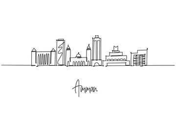 Fototapeta premium Amman city skyline in Jordan as a single line drawing, with mosques, citadel forms, towers and civic icons, a cityscape concept celebrating Levant culture, travel, Roman echoes, and urban life.