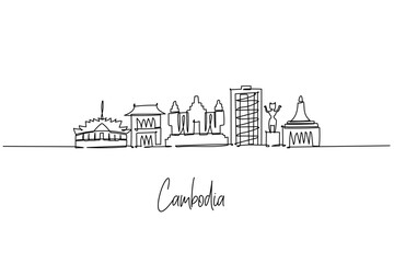 Fototapeta premium Cambodia landmark skyline as a one line drawing, merging Angkor towers, modern blocks and stupa forms, a national city skyline concept celebrating Khmer heritage, Mekong culture and travel.