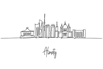 Almaty city skyline in Kazakhstan as a one line drawing, showing Kok Tobe tower, Zenkov Cathedral and sleek blocks, a mountain cityscape concept celebrating Alatau spirit, culture, travel and life.