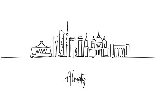 Almaty city skyline in Kazakhstan as a one line drawing, showing Kok Tobe tower, Zenkov Cathedral and sleek blocks, a mountain cityscape concept celebrating Alatau spirit, culture, travel and life.