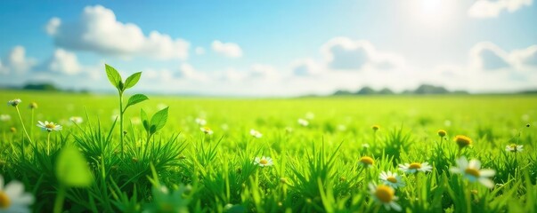 Obraz premium Vibrant Green Field at Summers Horizon New Growth and Wildflowers Promise Renewed Life