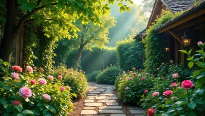 Obraz premium Serene Victorian Garden Sunlight Dapples Lush Foliage, Climbing Roses, and Antique Ornaments