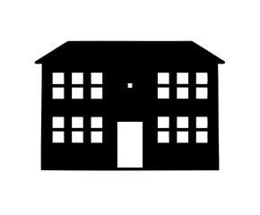 Two story house in black silhouette with multiple windows and door