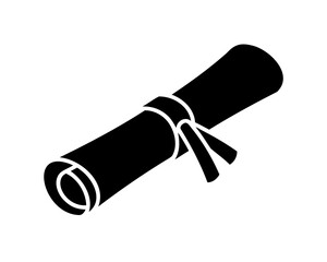 Solid black graduation diploma scroll tied with ribbon on a white background
