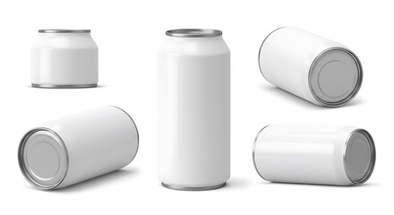 Set of Blank White Beverage Cans in Various Angles for Product Mockups