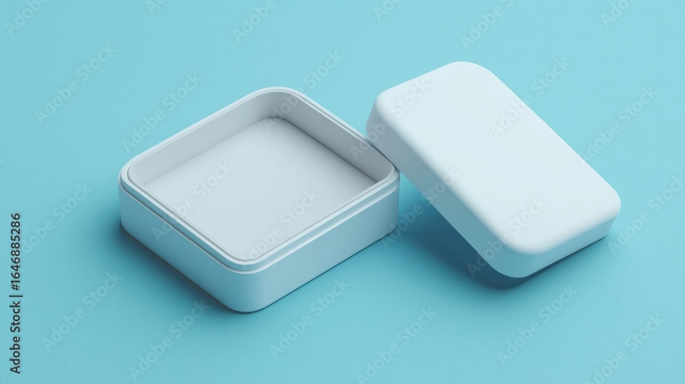 Poster minimalist design of an open white box on a turquoise background, showcasing simplicity and elegance