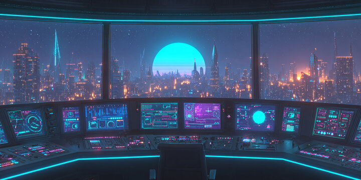 SALA DE CONTROL FUTURISTA CON VISTA NOCTURNA A LA CIUDAD