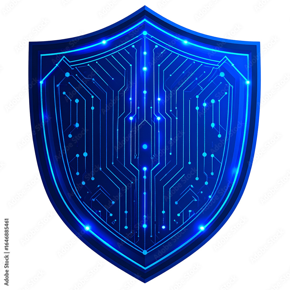 Poster blue shield on an abstract technology background with a circuit board design