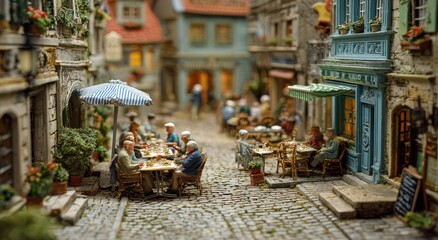 Miniature street scene with cafe tables and figures