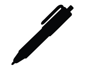 Silhouette of a black rollerball pen with a cap and clip on white