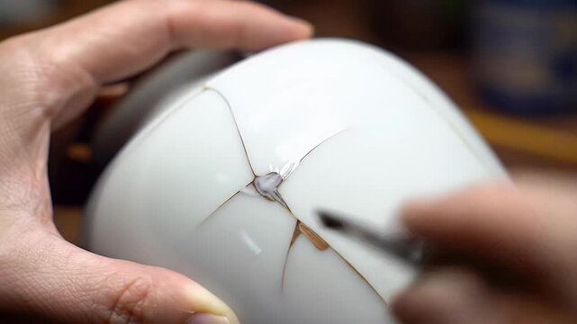 Close-up of hands carefully mending a cracked, off-white ceramic piece with a small brush, applying adhesive along gold-veined cracks