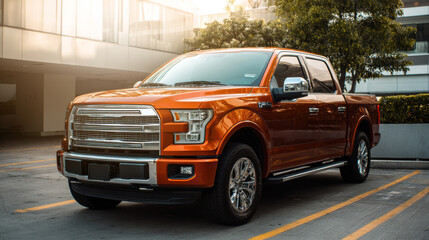 Fototapeta premium The orange pickup truck is parked in a contemporary urban area with sleek architecture. Sunset light highlights its chrome details, showcasing a clean and polished exterior
