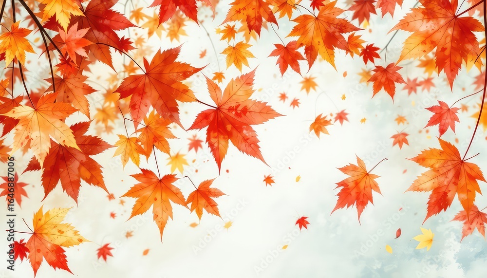 Poster falling autumn leaves create a vibrant and colorful display against a soft, diffused background, evo