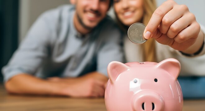 Happy couple saving money together placing a coin into a pink piggy bank investment future planning concept focused financial security