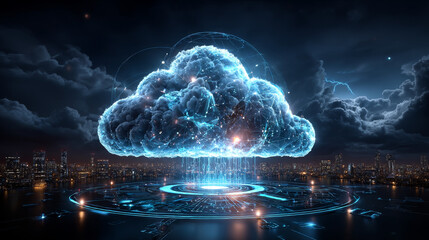 Cloud Computing. Businessman hold cloud computing network connecting icon to represent solutions for businesses, facilitating data management, scalability, flexibility, and cost-effective solutions.