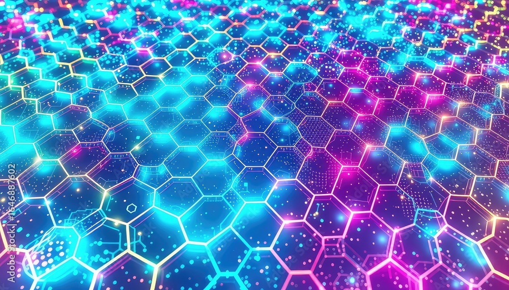 Poster abstract illuminated hexagon grid with glowing lines and dots, representing futuristic technology or