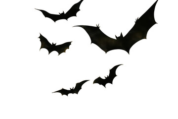 Five black bats flying in different directions isolated on transparent background
