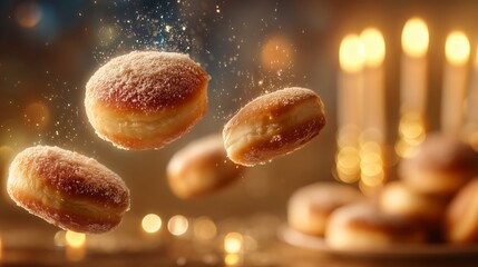 Close-up of Hanukkah donuts sufganiyot levitating in mid-air. A festive background with a menorah and glowing candles creates a warm, magical atmosphere, for Hanukkah celebration.