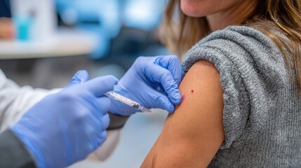 A health care worker is carefully administering a vaccine to a young woman in a bright clinical environment