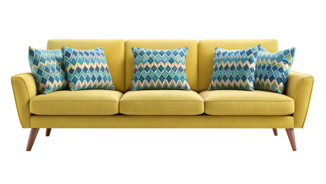 Stylish Yellow Sofa with Pillows Isolated on Transparent Background stylish yellow sofa