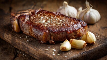 A juicy steak cooked to perfection sits on a rustic wooden board alongside fresh garlic cloves. The meal exudes an inviting aroma, ideal for grilling or roasting