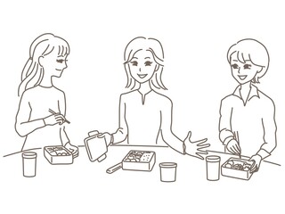 職場の昼休みに女性社員がお弁当タイムを楽しんでいる線画イラスト