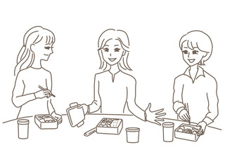 職場の昼休みに女性社員がお弁当タイムを楽しんでいる線画イラスト