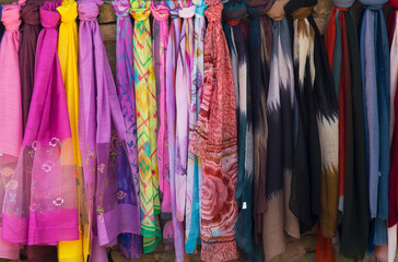 Colorful silk scarves for sale close up view