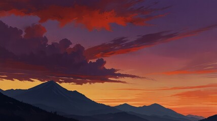 Sunset over a mountain range with dramatic clouds.