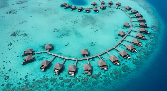 Breathtaking aerial view of luxurious overwater villas on clear turquoise tropical ocean - Powered by Adobe