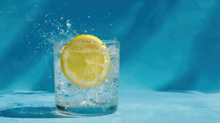 A vibrant lemon slice plunges into a glass of clear sparkling water, creating a splash against a striking blue backdrop that evokes a refreshing feel