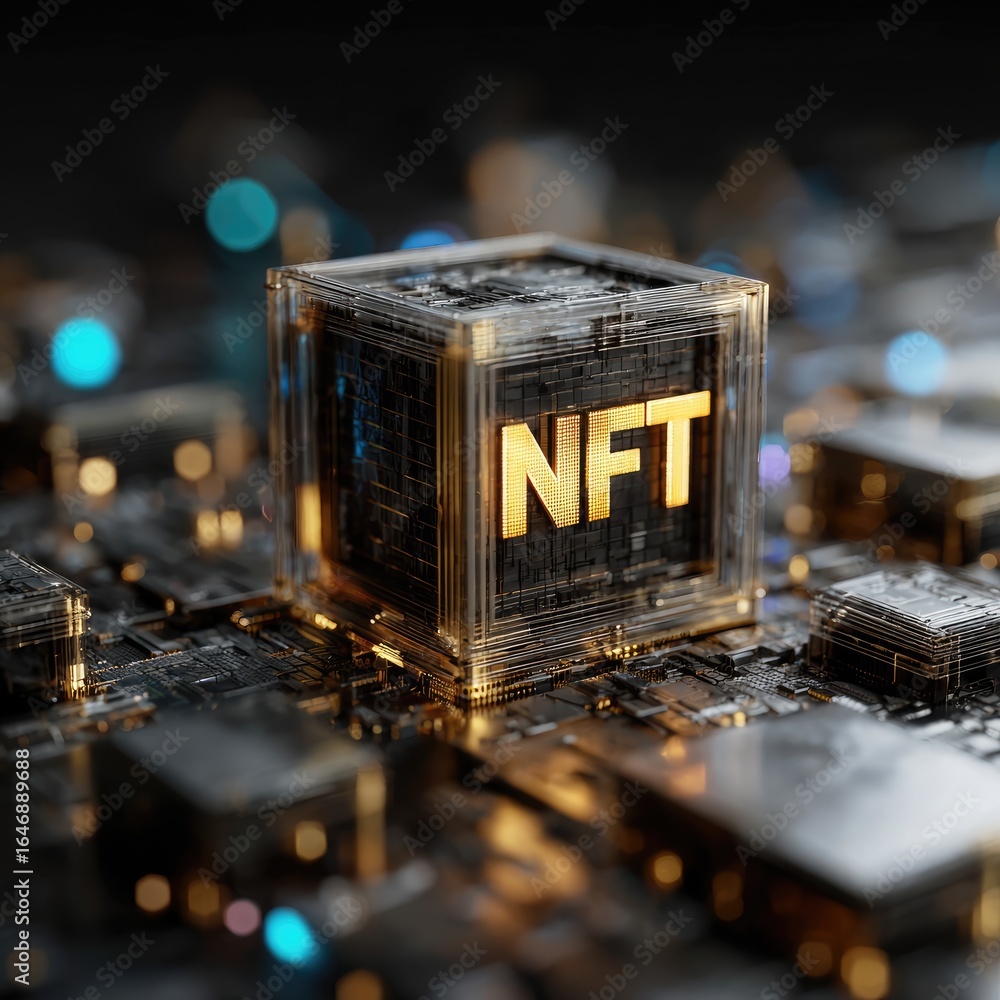 Poster a glowing nft cube sits atop a detailed circuit board softly lit by bokeh