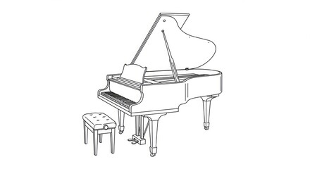 Elegant grand piano with matching stool ready to create beautiful music, perfect for concert halls, studios, or home stages.