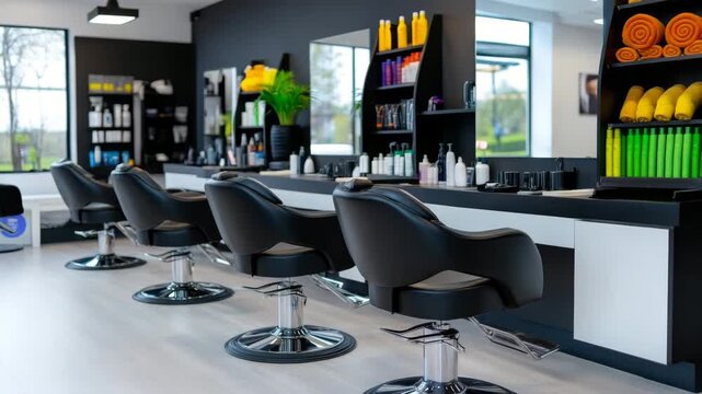 Modern hair salon interior with styling chairs and shelves filled with hair products