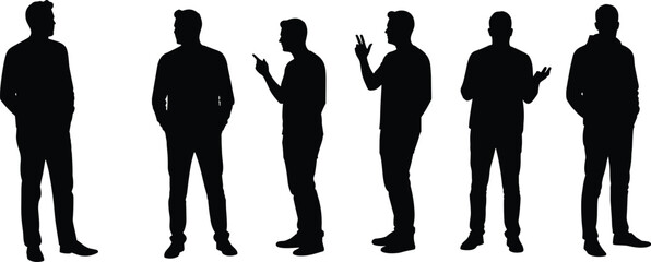 Silhouette of casual men in standing poses with hand gestures, front and side views for animation, storyboard, infographic, and vector design projects