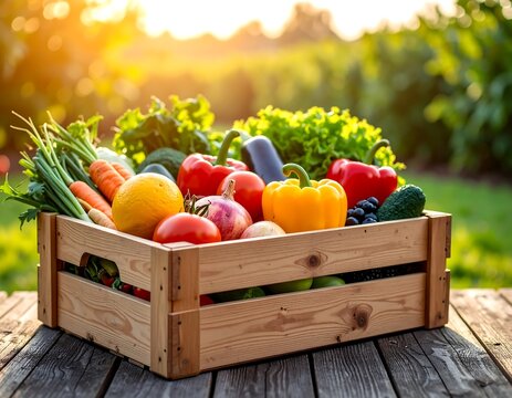 Fresh vegetables in wooden crate outdoors