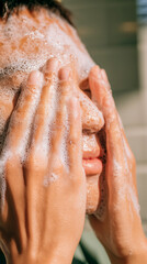 Fototapeta premium A close-up of a person washing their face, hands covered in white foamy soap. The skin appears glistening, with soft light illuminating the scene.