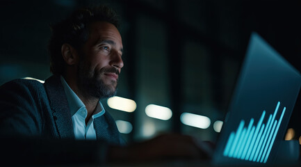 Businessman studies glowing data chart on laptop in dim office.