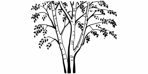 Illustration of a birch tree with leaves in black and white showing branches and multiple trunks on transparent background