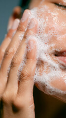 Fototapeta premium A close-up of a person washing their face, with hands applying a foamy cleanser. Bubbles cling to the skin, highlighting the cleansing action and smooth texture.